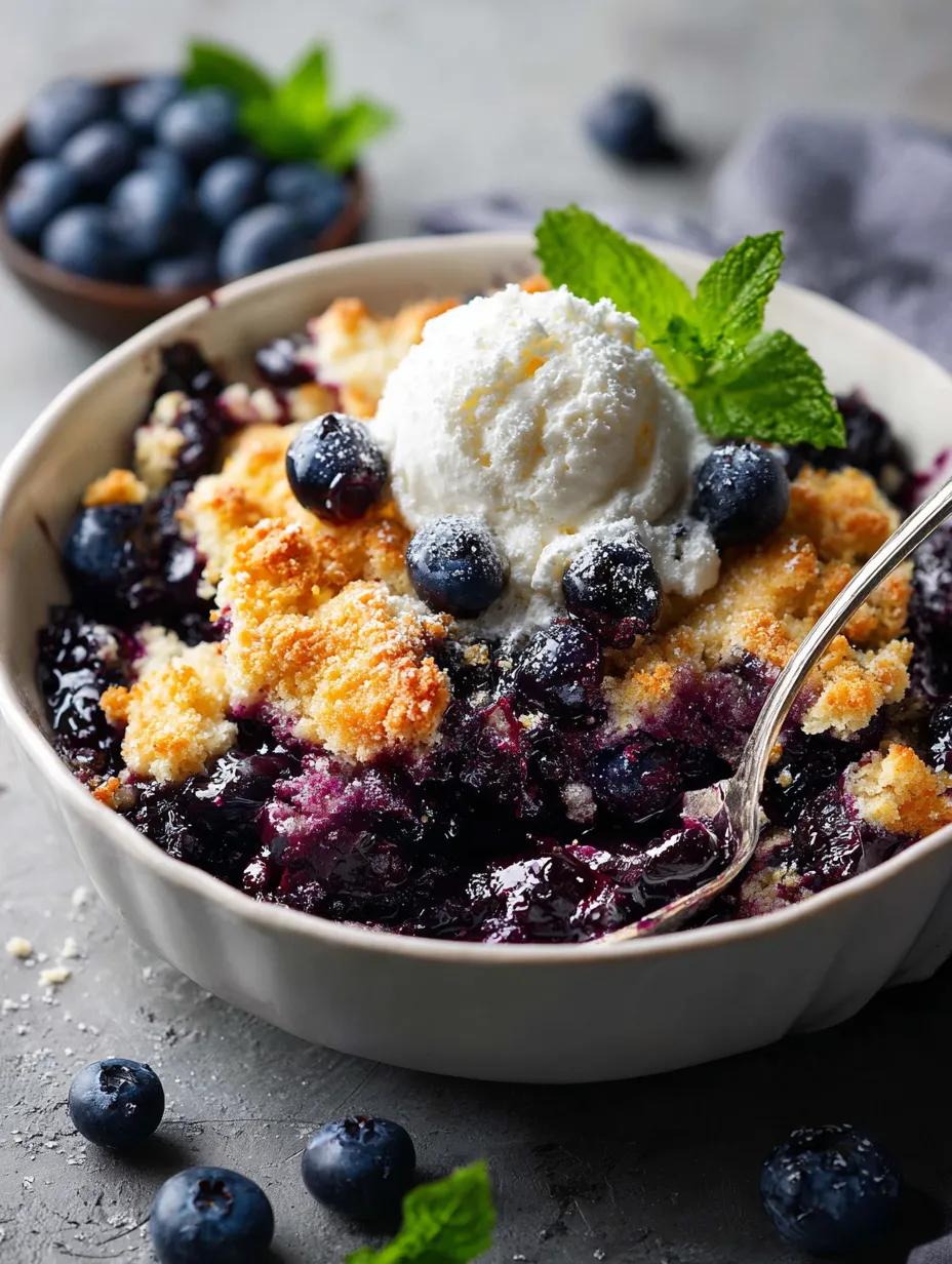 A bowl of blueberry dessert topped with vanilla ice cream.