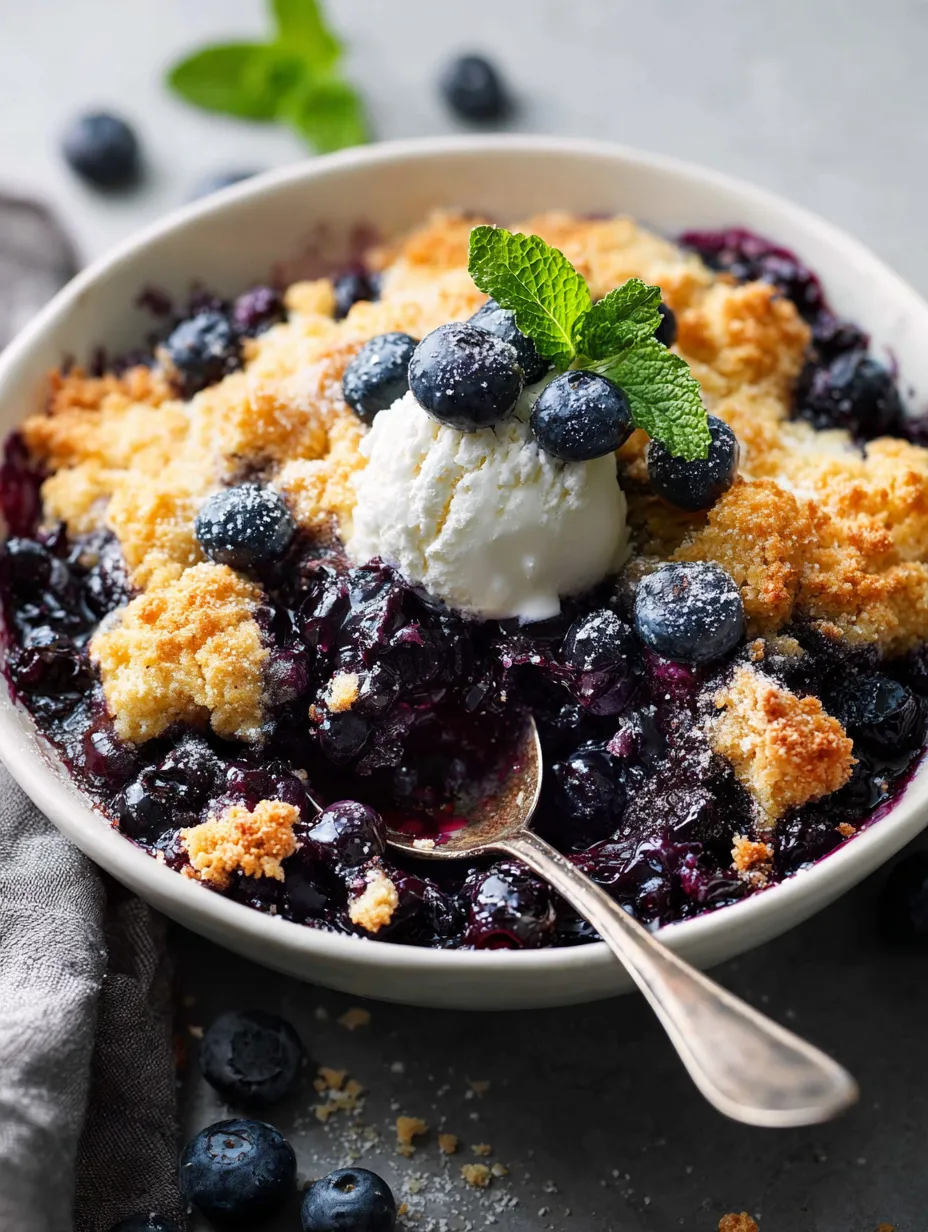 A bowl full of blueberries with a spoon sticking out.
