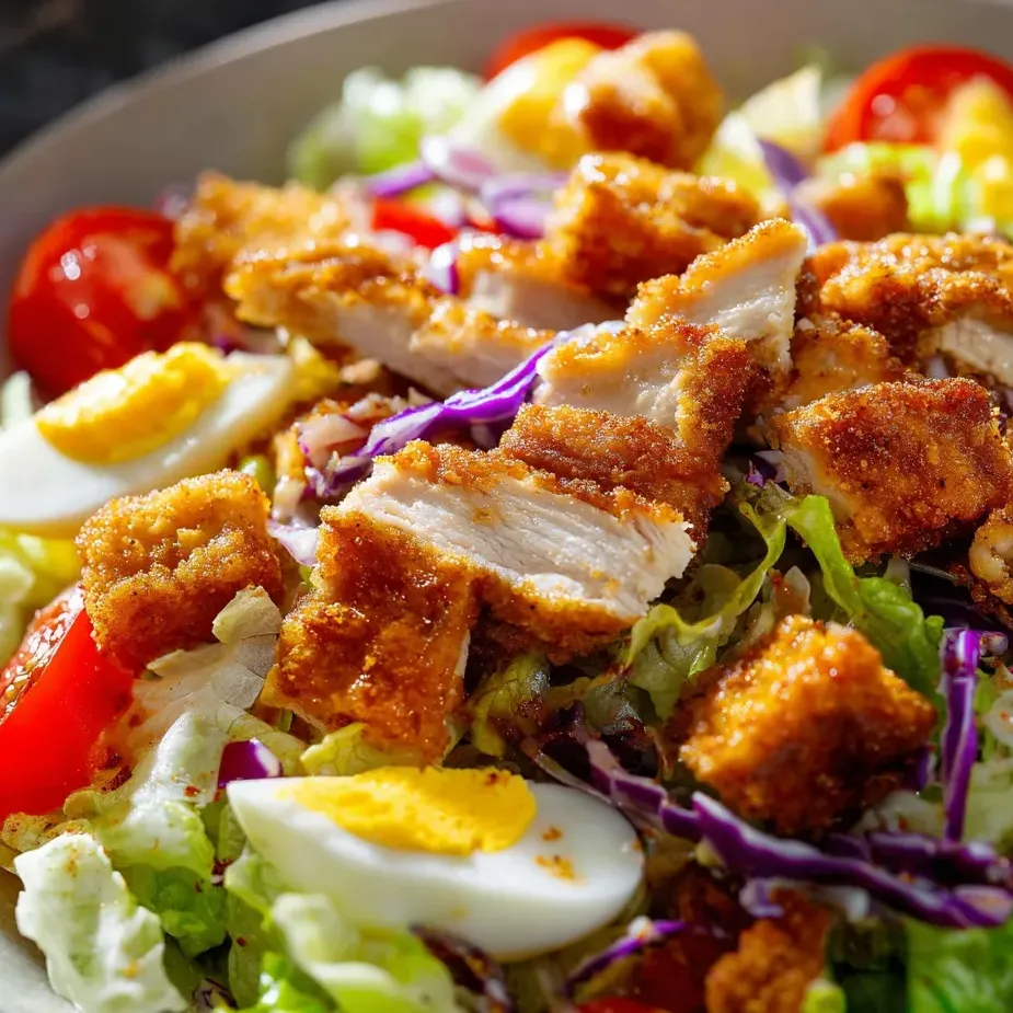 A bowl of salad with pieces of chicken and egg.