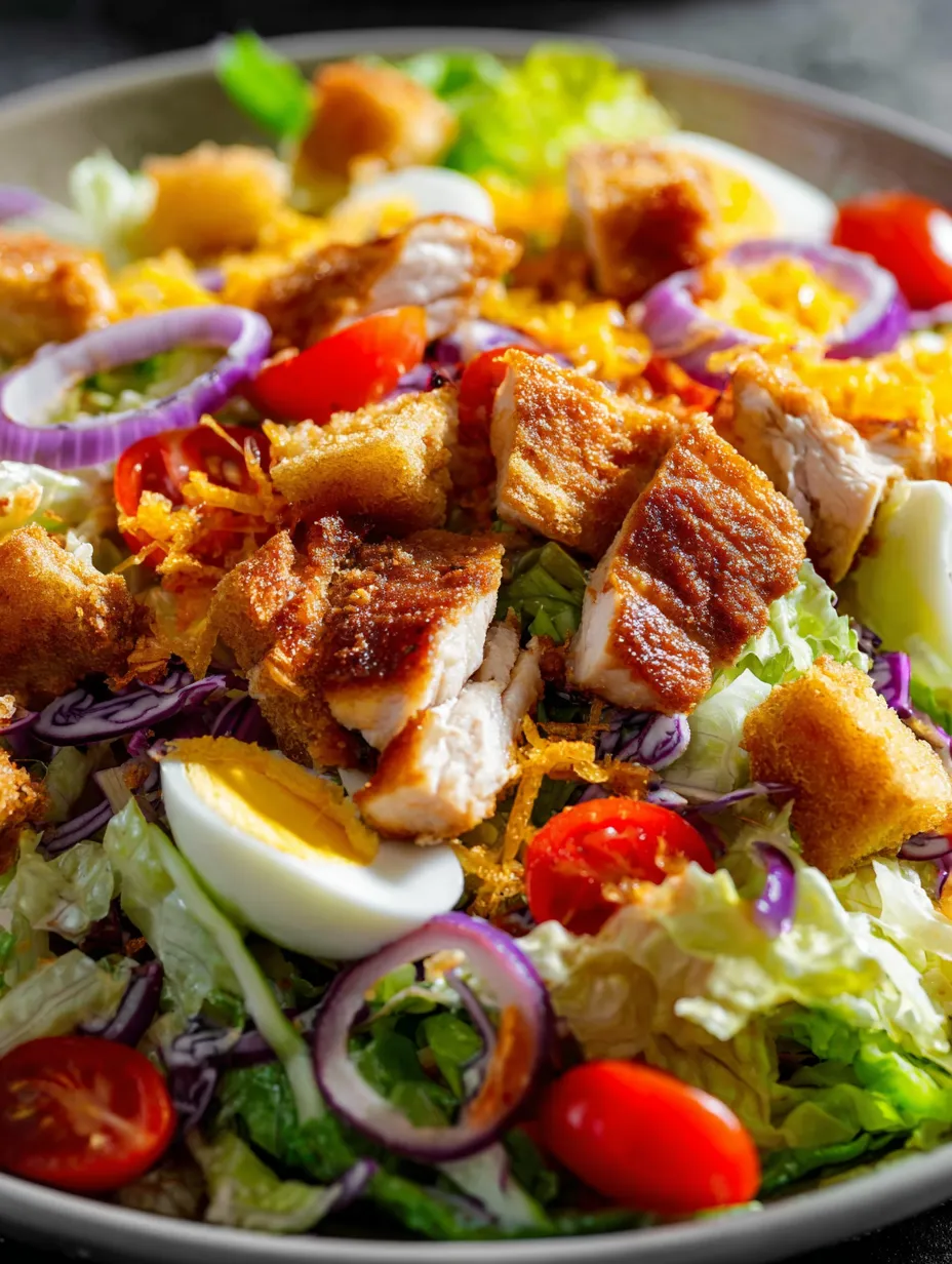 A salad with chicken, tomatoes, lettuce, and eggs.