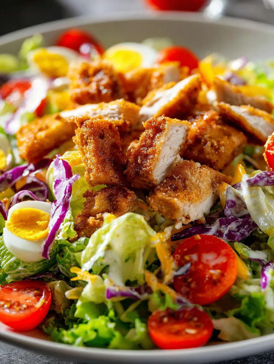 A salad with chicken, tomatoes, lettuce, and eggs.
