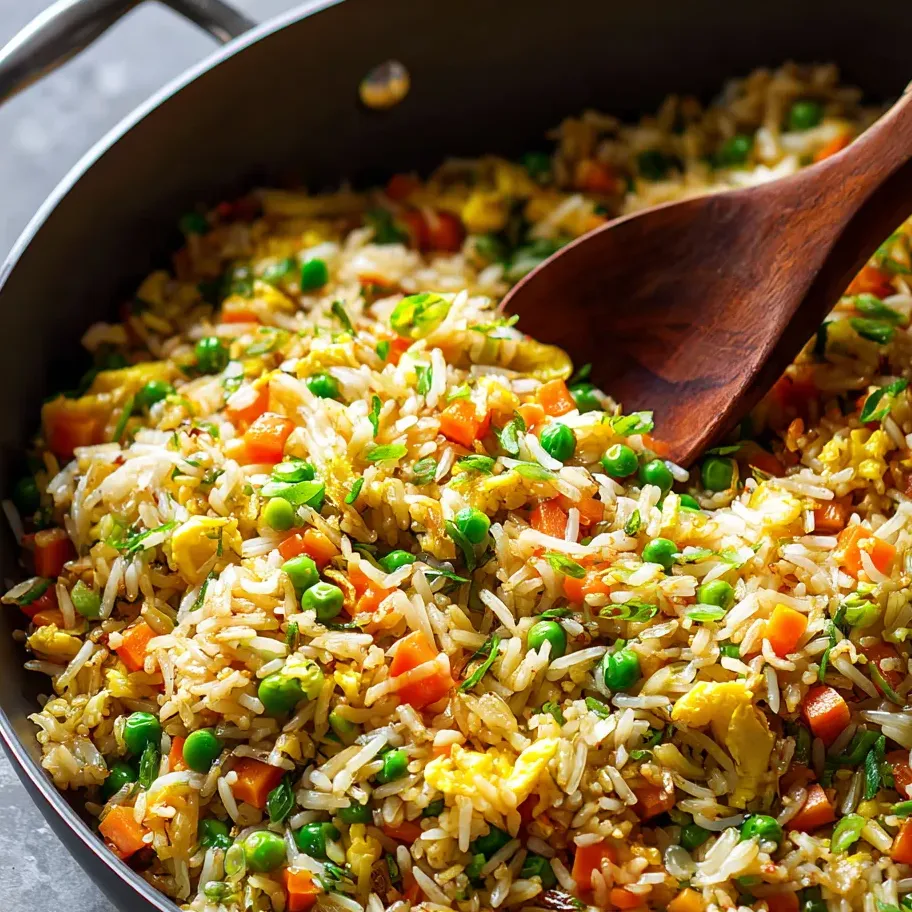 Spoon stirring veggies and rice in a skillet.