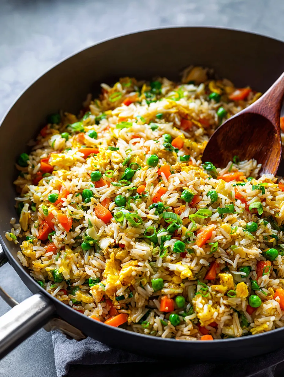 A pan of rice with peas and carrots.