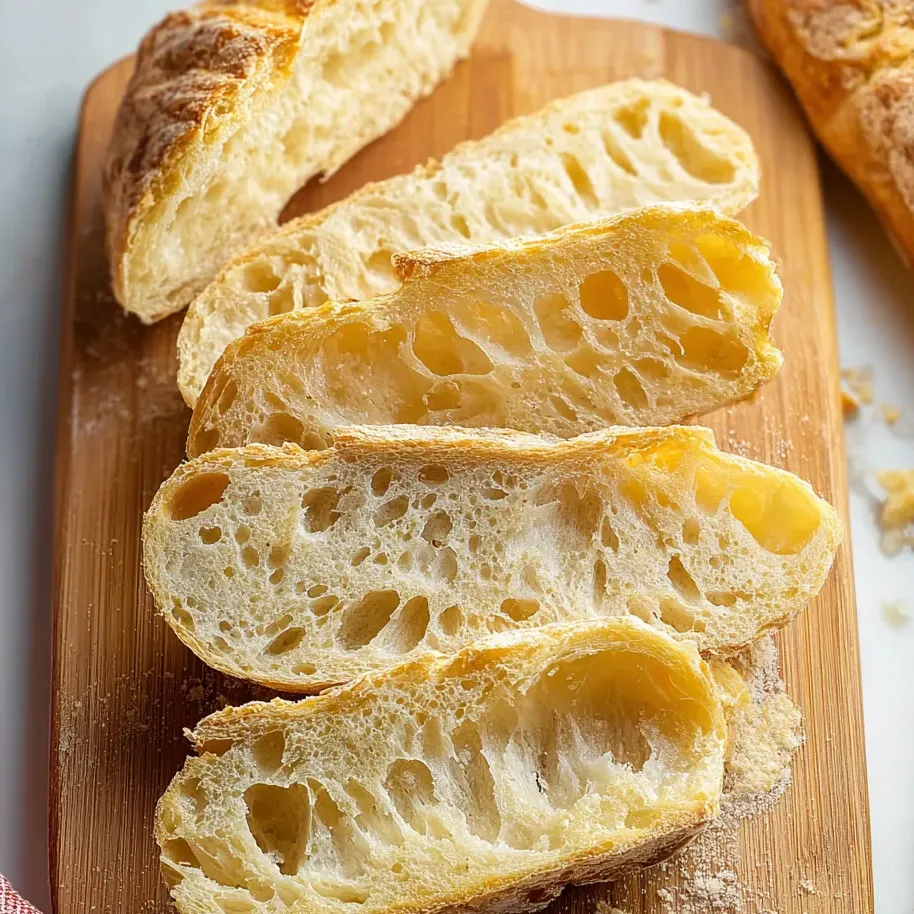 Sliced bread on a wood cutting board.