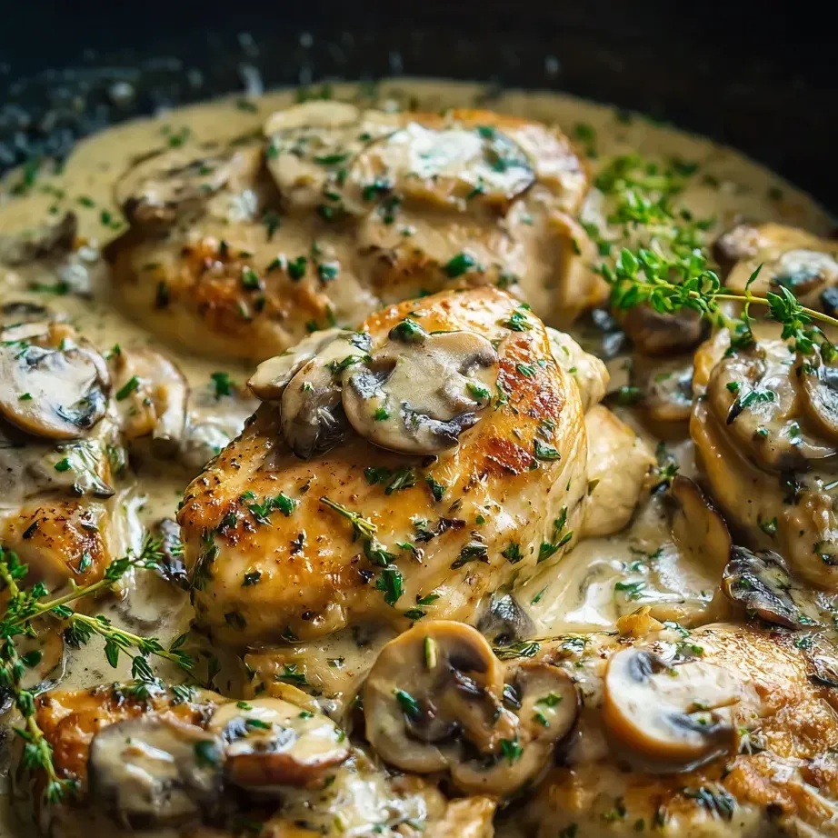Chicken piled up with creamy mushrooms and fresh herbs.