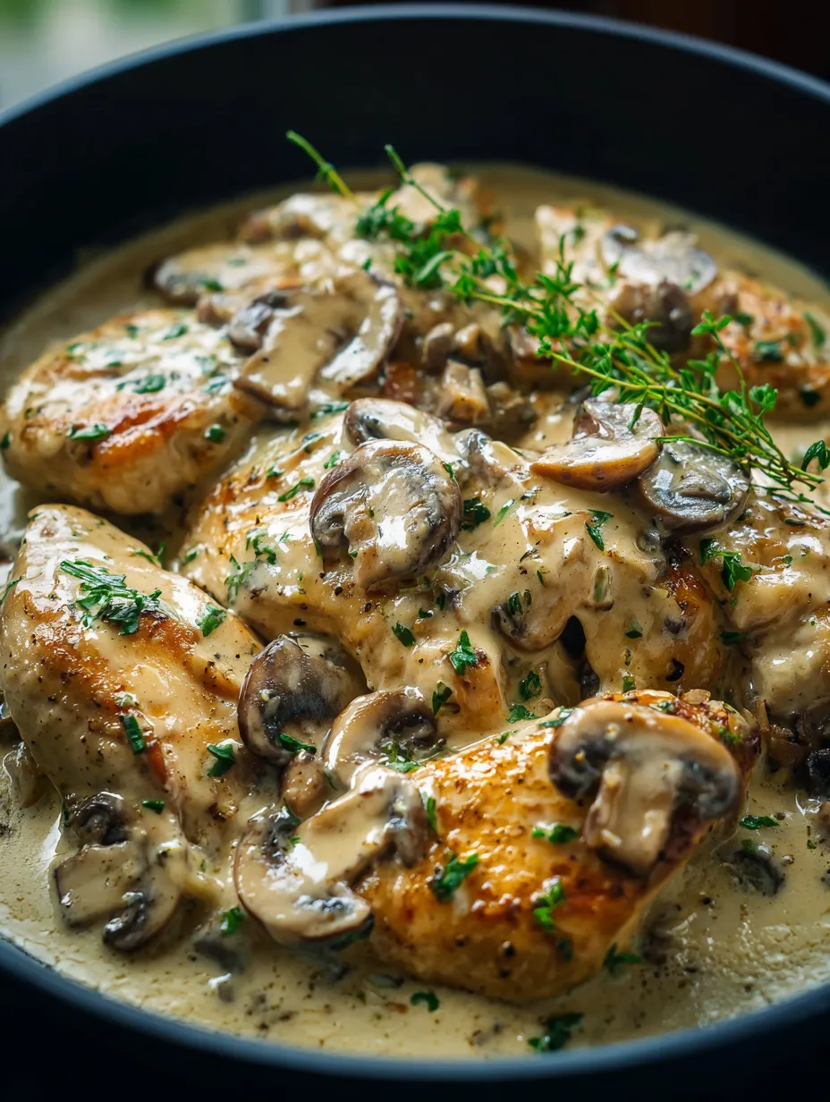 Chicken with mushrooms and herbs.