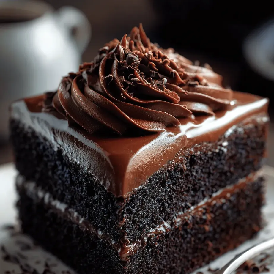 One piece of chocolate cake with shiny chocolate topping.