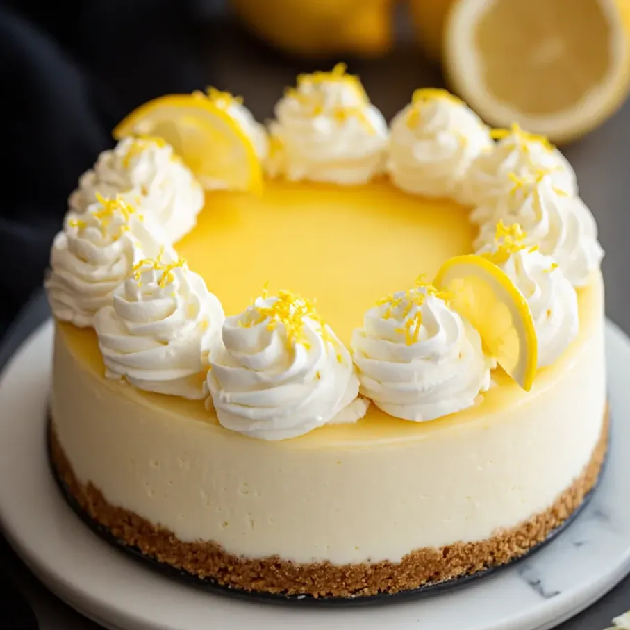 A creamy slice of lemon cheesecake with a lemon on top.