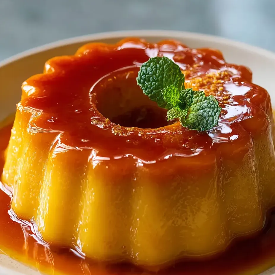 Sweet flan dessert topped with a mint sprig.