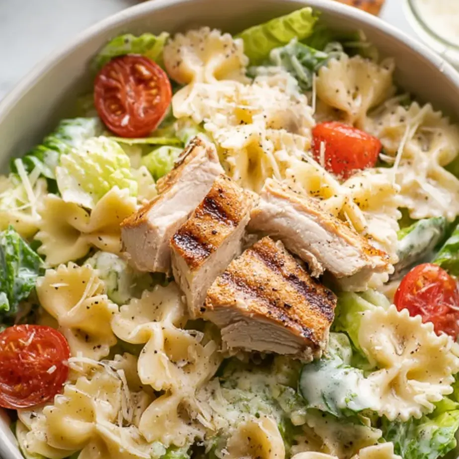Bowl with chicken pasta salad and tomatoes showing.