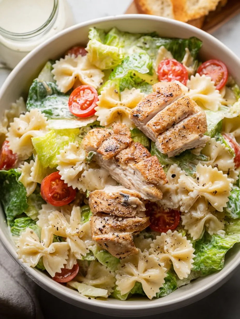 A bowl heaped with chicken, lettuce, pasta, and tomatoes.