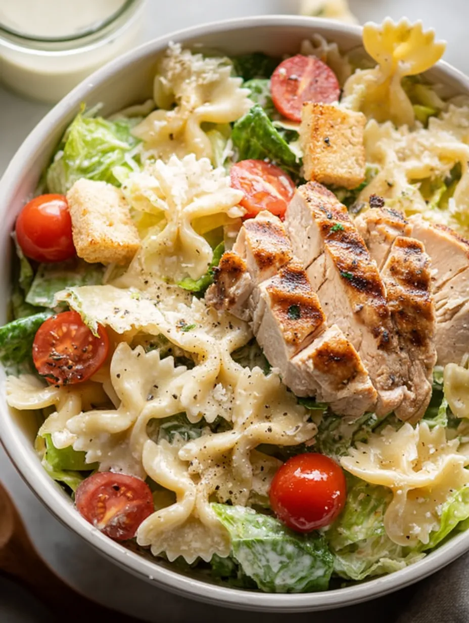 A bowl full of pasta salad with tomatoes and chunks of chicken.