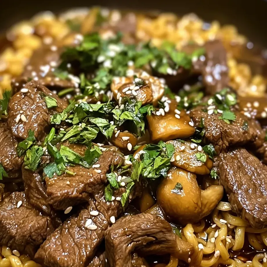 A bowl full of beef and mushrooms.