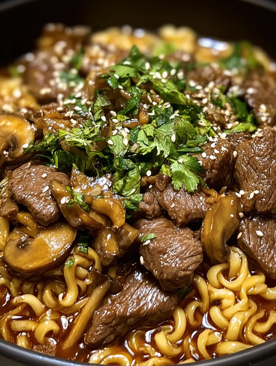 A bowl of noodles with meat and mushrooms.