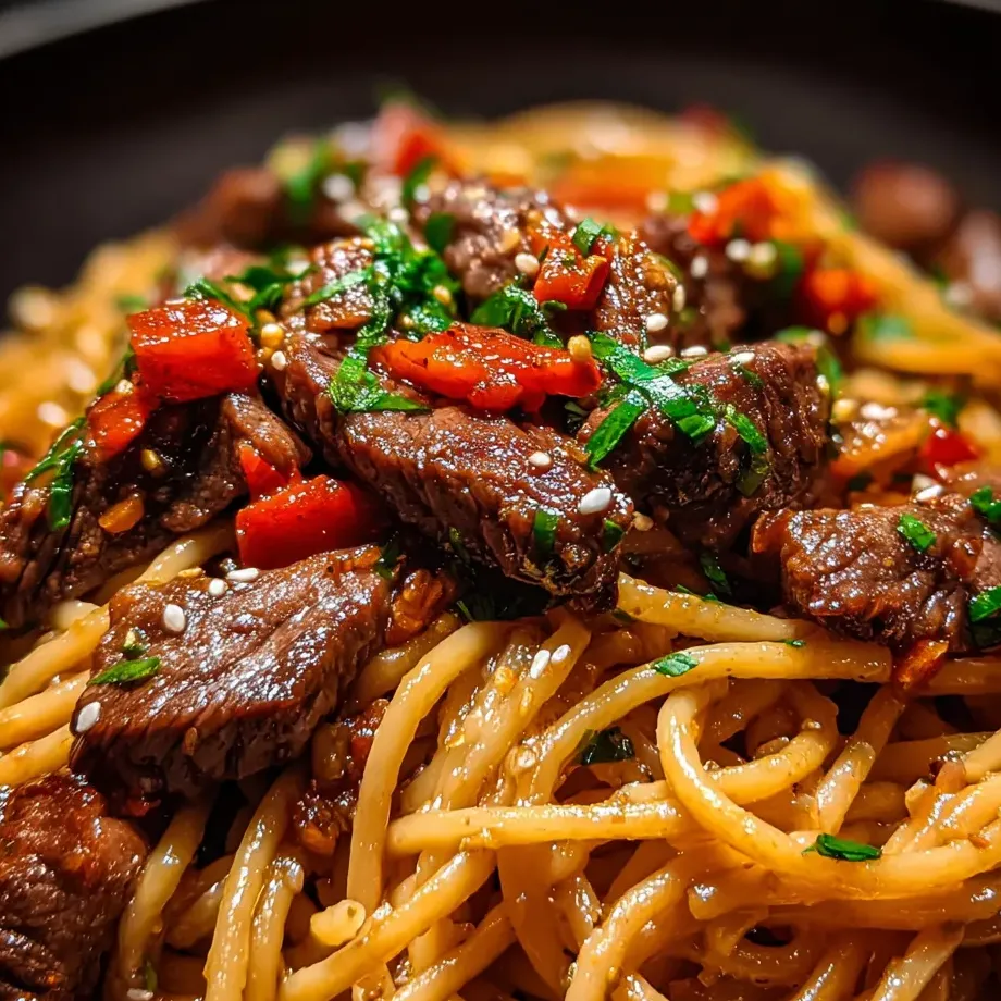A big bowl filled with steak pasta and noodles.
