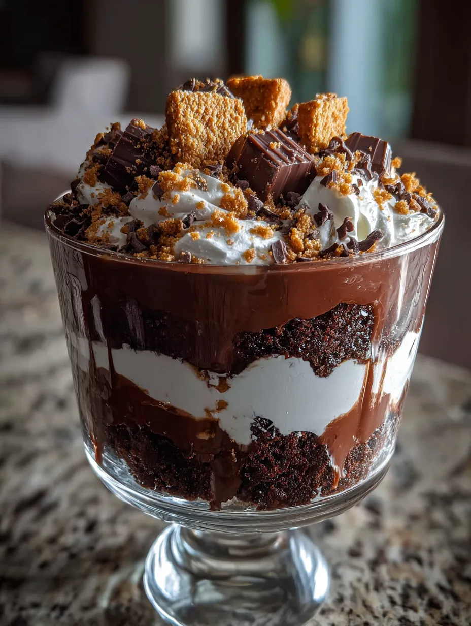Chocolate cake in a clear glass topped with whipped cream.