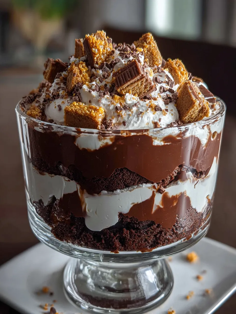 A bowl of chocolate layers with white cream and crunchy nuts.