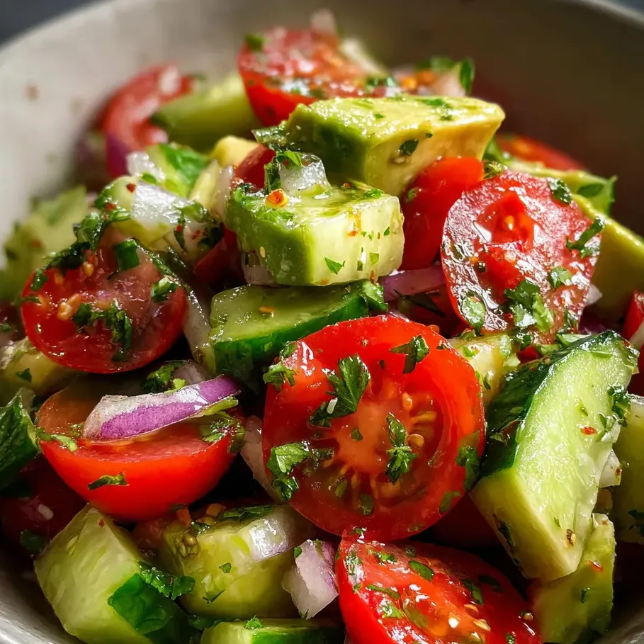 A bowl loaded with cucumbers, tomatoes, onions, and peppers.