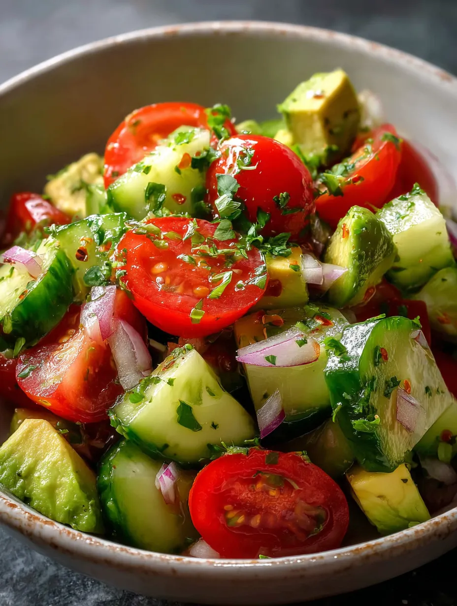 A bowl with cucumbers, tomatoes, avocados, and other veggies.