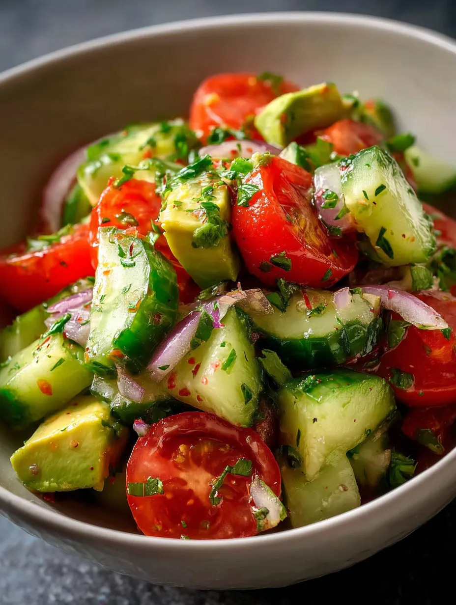 A bowl with cucumbers, tomatoes, avocados, and other veggies.