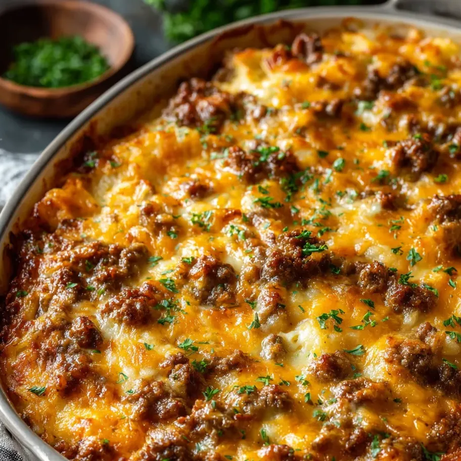 A casserole dish loaded with cheesy beef and potatoes.