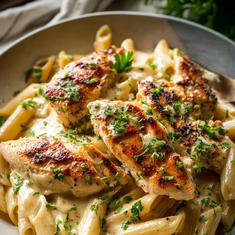 Chicken and pasta on a plate.
