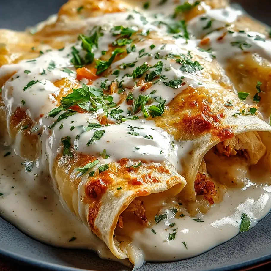 A plate stacked with creamy, cheesy food topped with white sauce.