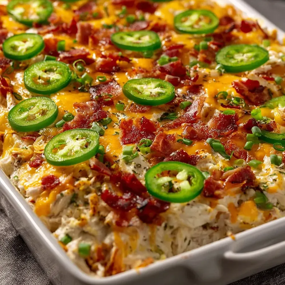 Bacon, jalapenos, and chicken in a baked dish.