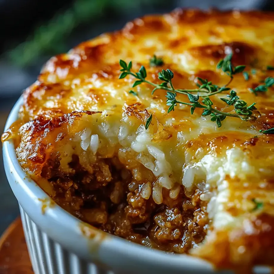 A bowl of cheesy beefy rice with a spoon.