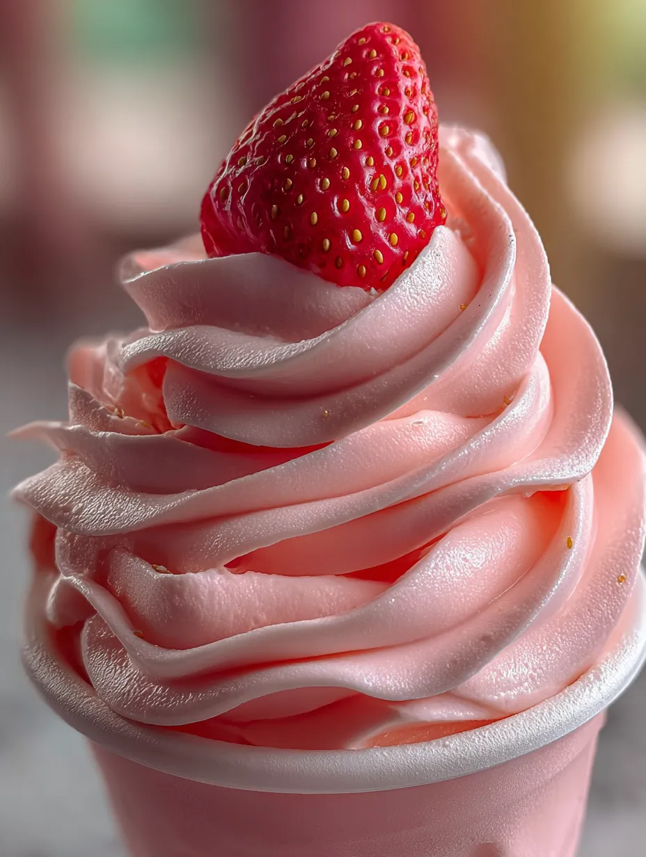 A pink and white strawberry ice cream cone with swirls on top.