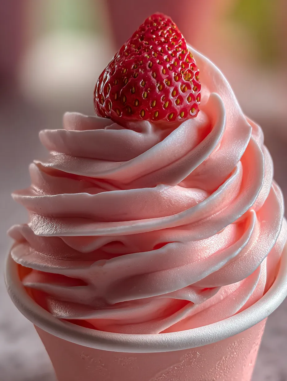 A fluffy pink cupcake with a strawberry perched on top.