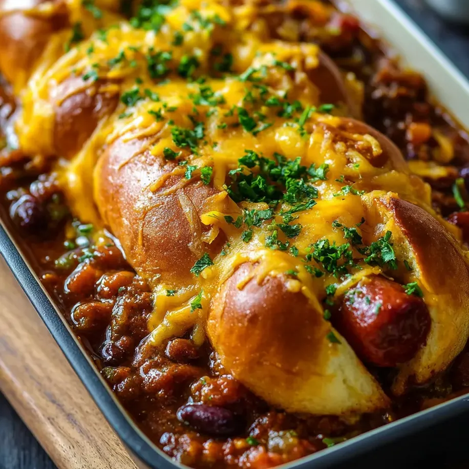A plate with a hot dog and beans sitting side by side.