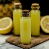 Bottles filled with golden pineapple-ginger coconut drinks on a table.