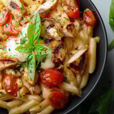 A delicious plate of creamy chicken pasta.