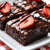 A plate of chocolate and berry-topped squares.