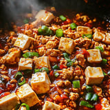 A plate of Mapo Tofu sprinkled with green onions.