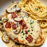 A dish showcasing chicken, mushrooms, and crispy bacon pieces.