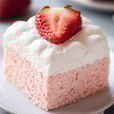 A slice of pink and white cake with a strawberry on top.