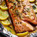 Salmon topped with slices of lemon.