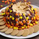 A big peanut butter chocolate treat sits surrounded by cookies on a plate.