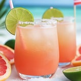 Two Paloma mocktails in glasses, garnished with grapefruit and lime.