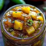 Jar full of golden pineapple chutney with bits of jalapeño.