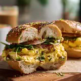 Egg and bacon sandwich sitting on a wood board.
