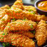 A plate full of crispy Doritos chicken next to sauce.