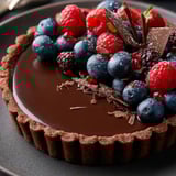 A slice of chocolate cake with raspberries on top.