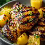 Grilled chicken piled on a plate with potatoes.