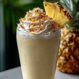 Glassful of pineapple shake topped with a pineapple slice.