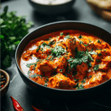 A bowl filled with chicken in curry sauce, topped with green herbs.