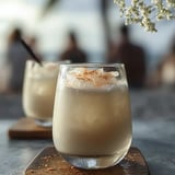 A couple glasses full of milky drink with cinnamon on top sitting on a table.