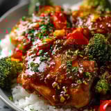Broccoli and glazed chicken in a bowl.